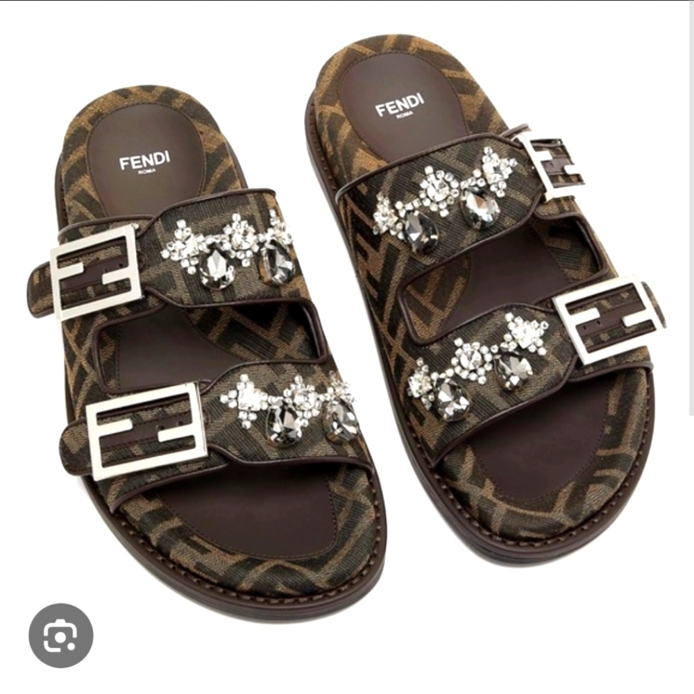 Fendi Feel Dad Sandals Brown Black Logo Rhinestone Double Strap EU 39 NEW
